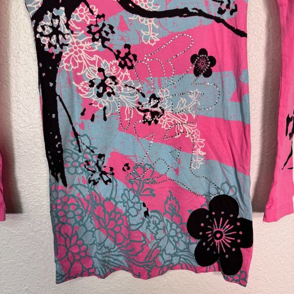 Christian Audigier Crystal Rock Y2K Shirt Womens XS Tokyo Sun Cherry Blossom Tee - Picture 8 of 12